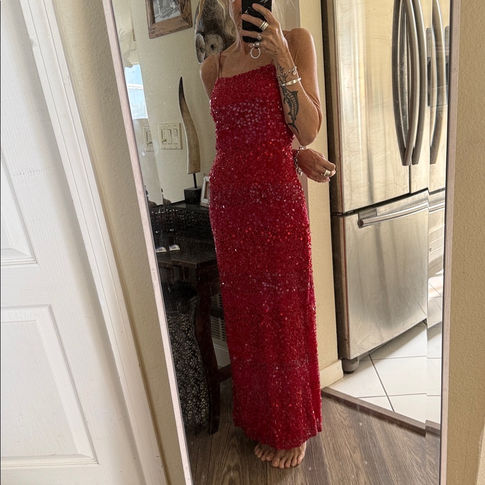 Scala gorgeous Red Sequin Dress evening gown side slit - Picture 6 of 14